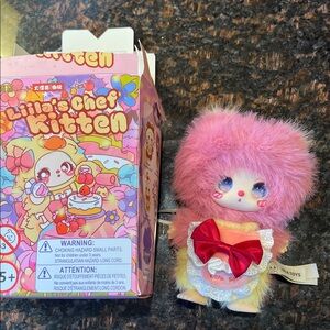 Plush Pink Fuzzy Kitten Doll with Red Bow